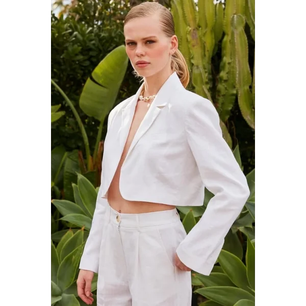 Premium Seri Beyaz Keten Crop Ceket Pantolon Takım