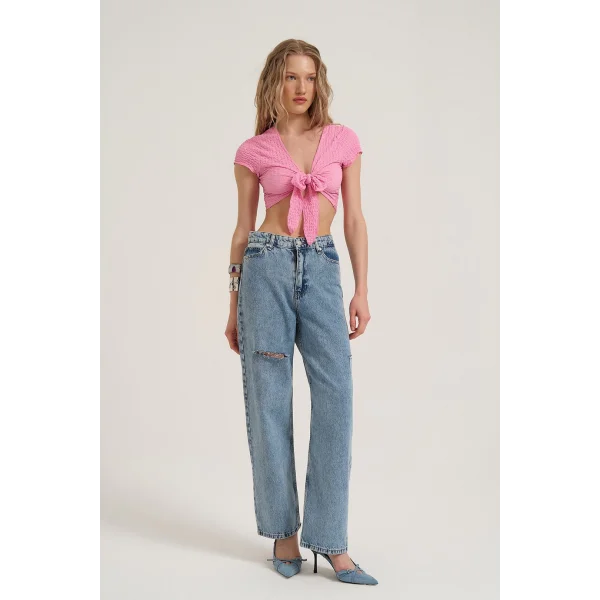 Bağlama Detaylı Crop Bluz Pembe