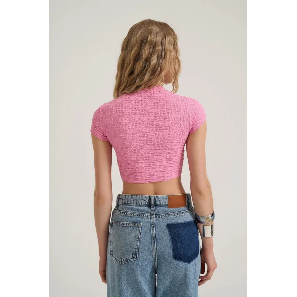 Bağlama Detaylı Crop Bluz Pembe