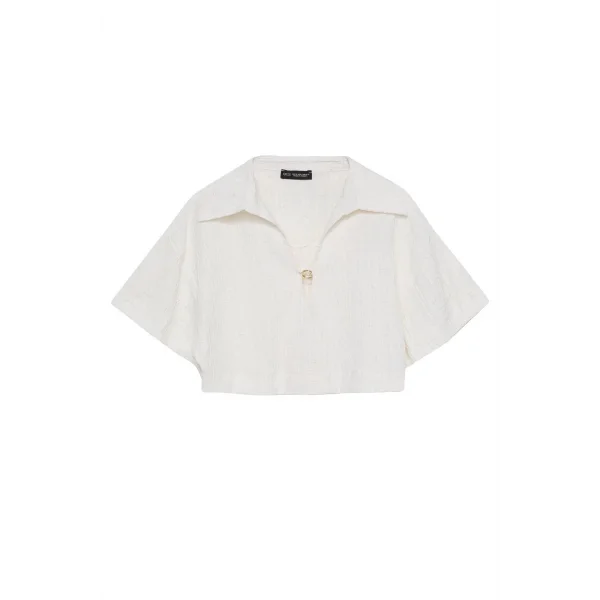 Gömlek Yaka Crop Bluz Naturel