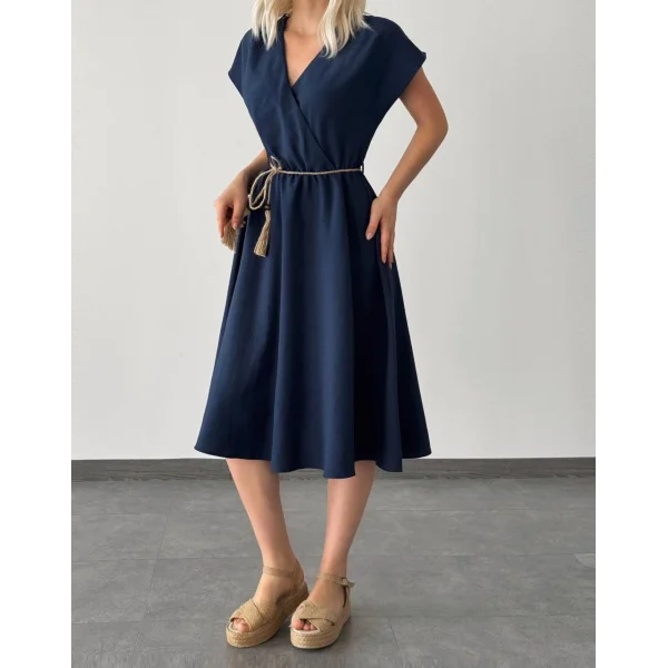 HASIR BAĞLAMALI MİDİ BOY ELBİSE LACİVERT