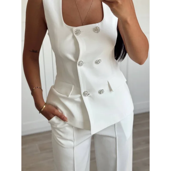 TAŞ DÜĞME BEYAZ YELEK PANTOLON TAKIM