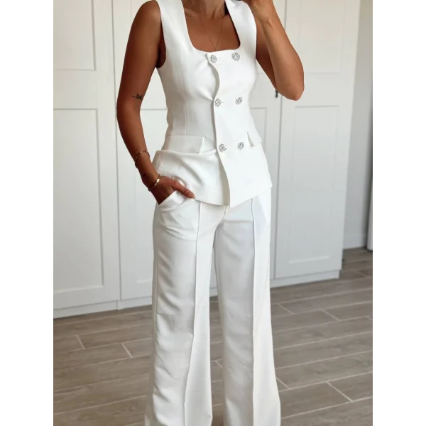 TAŞ DÜĞME BEYAZ YELEK PANTOLON TAKIM