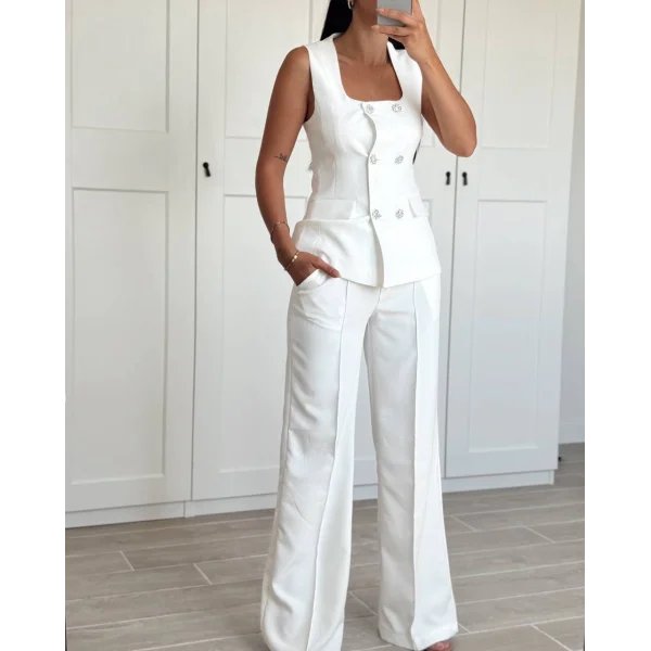 TAŞ DÜĞME BEYAZ YELEK PANTOLON TAKIM
