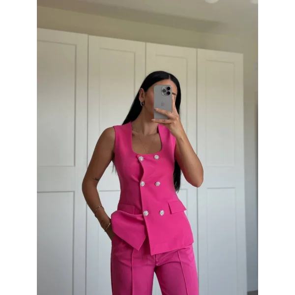 GOLD DÜĞME FUŞYA YELEK PANTOLON TAKIM
