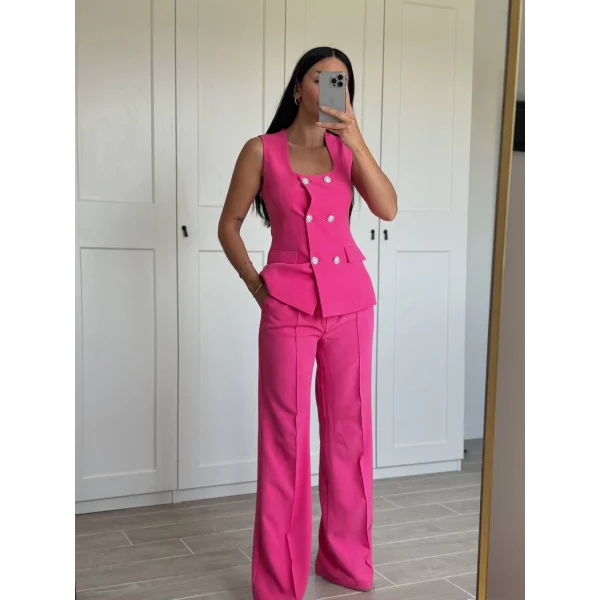 GOLD DÜĞME FUŞYA YELEK PANTOLON TAKIM