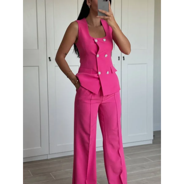 GOLD DÜĞME FUŞYA YELEK PANTOLON TAKIM