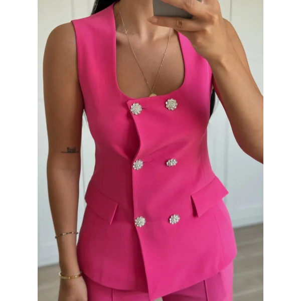 GOLD DÜĞME FUŞYA YELEK PANTOLON TAKIM