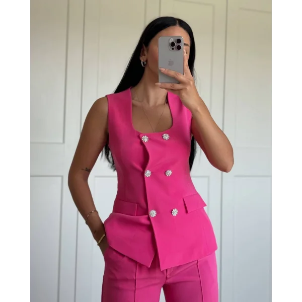 GOLD DÜĞME FUŞYA YELEK PANTOLON TAKIM