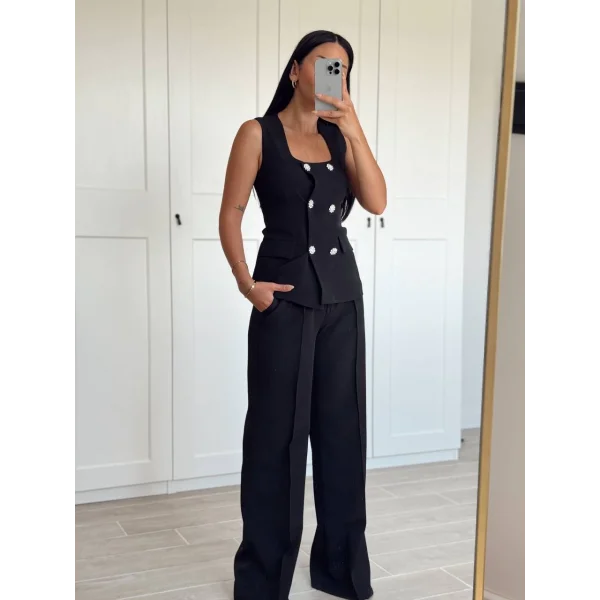 Siyah Taş Düğme Yelek Pantolon Takım