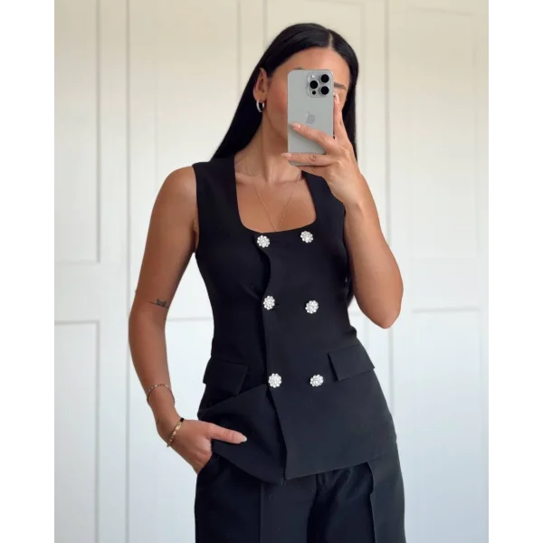 Siyah Taş Düğme Yelek Pantolon Takım