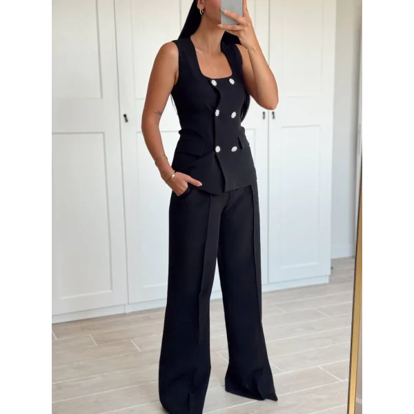 Siyah Taş Düğme Yelek Pantolon Takım