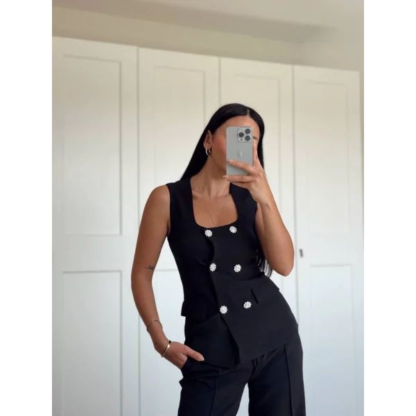 Siyah Taş Düğme Yelek Pantolon Takım