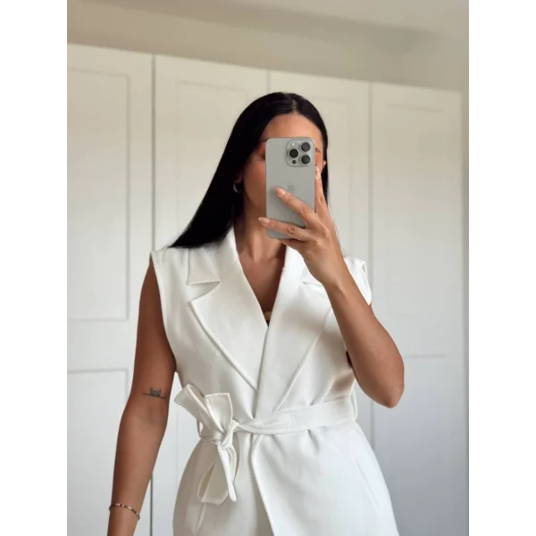 PREMİUM KUŞAKLI EKRU KETEN YELEK