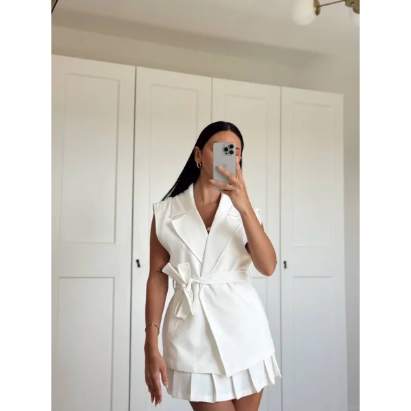 PREMİUM KUŞAKLI EKRU KETEN YELEK