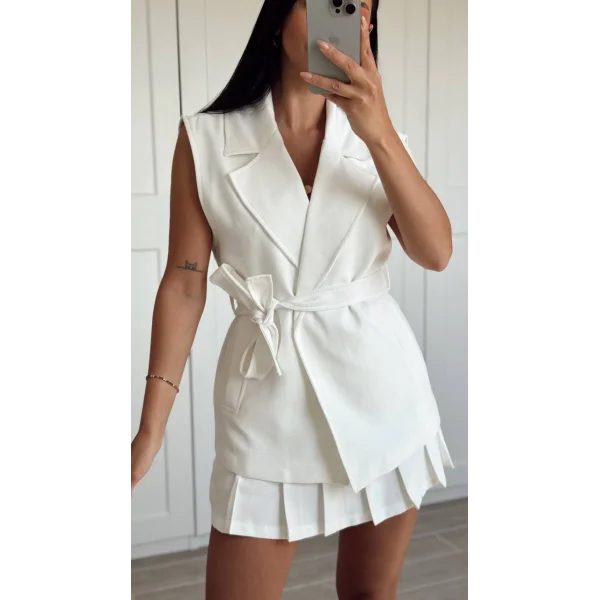 PREMİUM KUŞAKLI EKRU KETEN YELEK