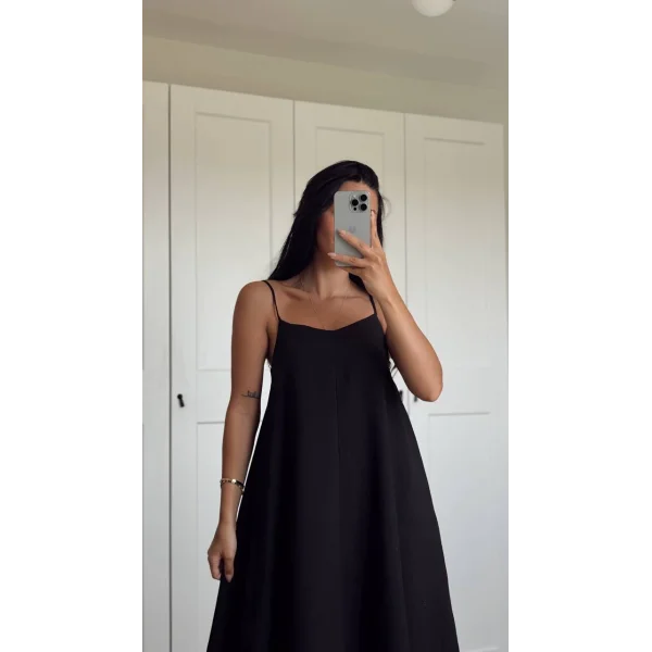 ASKILI UZUN KETEN ELBİSE SİYAH