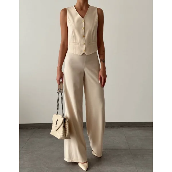 Modal Kumaş Yelek Pantolon Takım Vizon