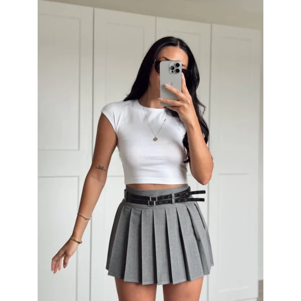 KEMER DETAYLI PİLELİ MİNİ ETEK ANTRASİT