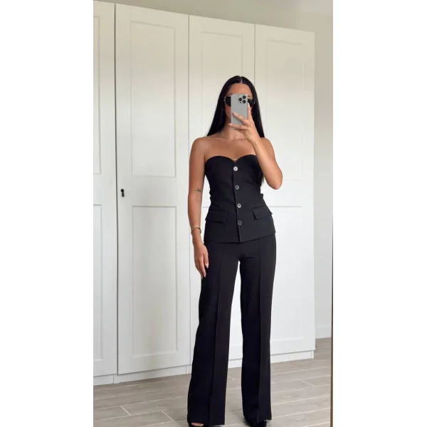 Premium Straplez Yelek Pantolon Takım-Siyah