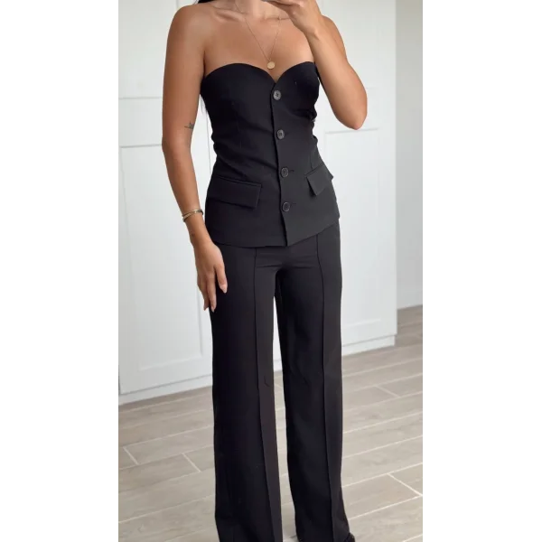 Premium Straplez Yelek Pantolon Takım-Siyah