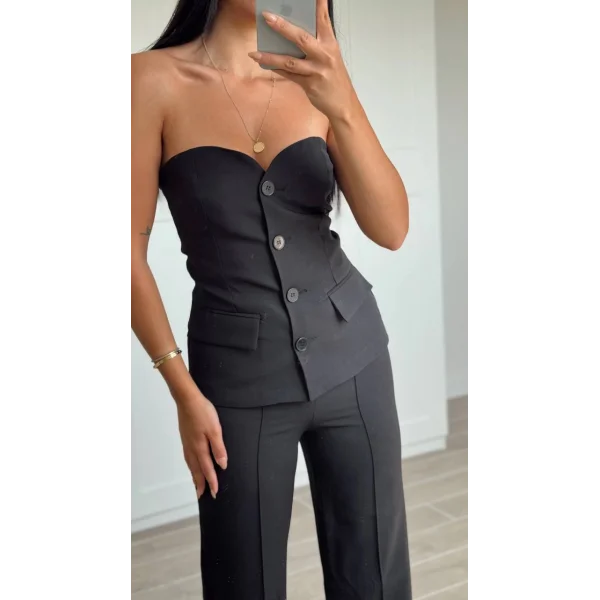 Premium Straplez Yelek Pantolon Takım-Siyah