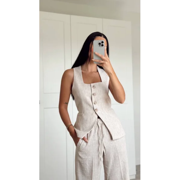 BEJ KETEN YELEK PANTOLON TAKIM