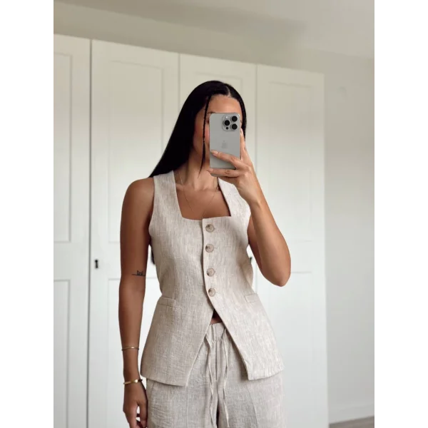 BEJ KETEN YELEK PANTOLON TAKIM