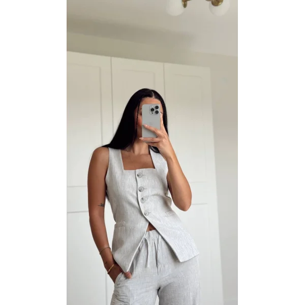 GRİ KETEN YELEK PANTOLON TAKIM