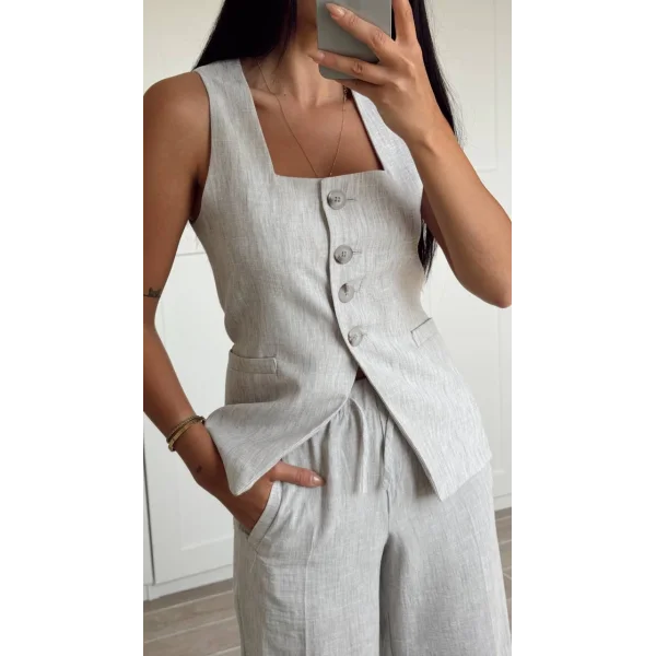 GRİ KETEN YELEK PANTOLON TAKIM