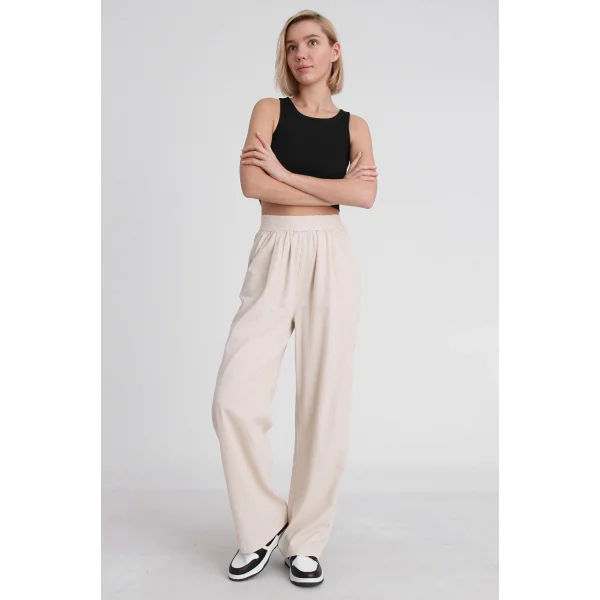 BELİ LASTİKLİ KETEN PANTOLON EKRU