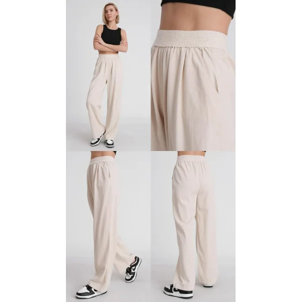 BELİ LASTİKLİ KETEN PANTOLON EKRU