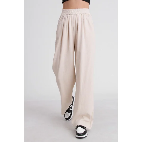 BELİ LASTİKLİ KETEN PANTOLON EKRU