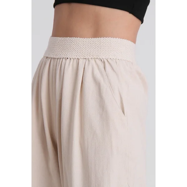 BELİ LASTİKLİ KETEN PANTOLON EKRU