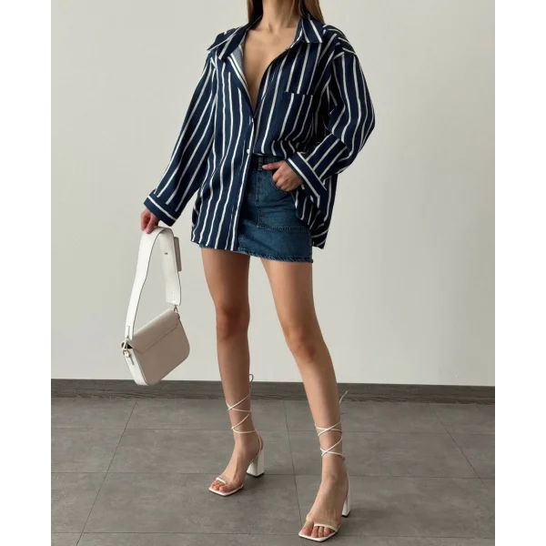 BEYAZ ÇİZGİLİ OVERSİZE LACİVERT GÖMLEK