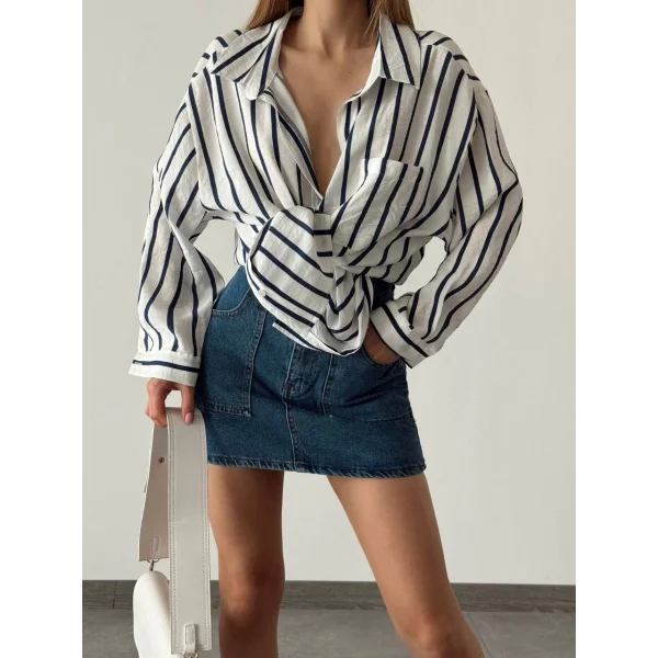 LACİVERT ÇİZGİLİ OVERSİZE GÖMLEK BEYAZ