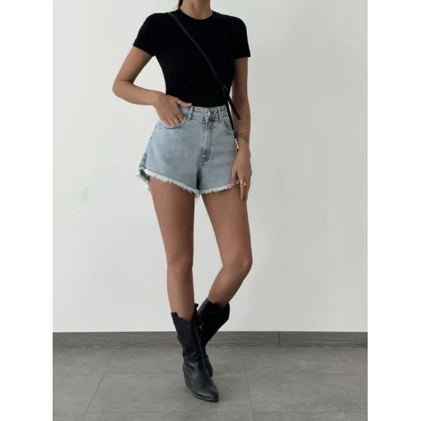 PAÇALARI PÜSKÜLLÜ KOT ŞORT MAVİ