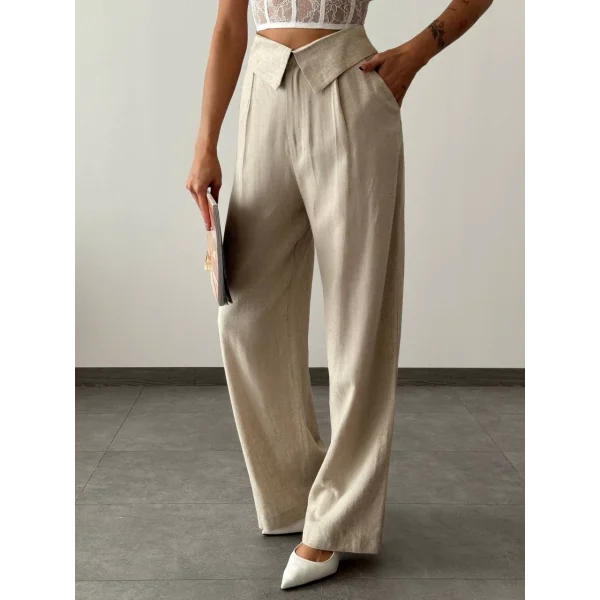 QUZU Bel Detaylı Bol Paça Keten Pantolon Naturel