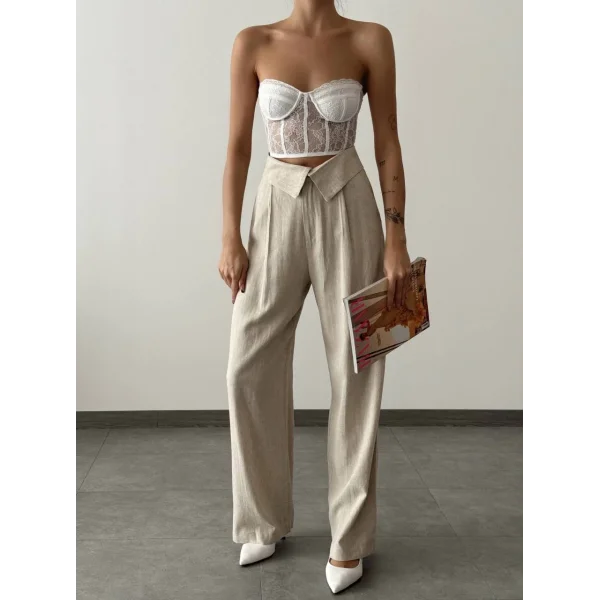 QUZU Bel Detaylı Bol Paça Keten Pantolon Naturel