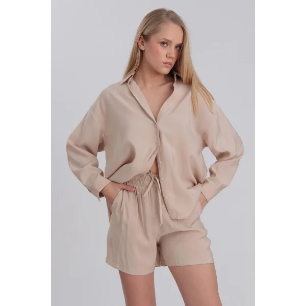 Modal Kumaş Şort Gömlek Takım Taş