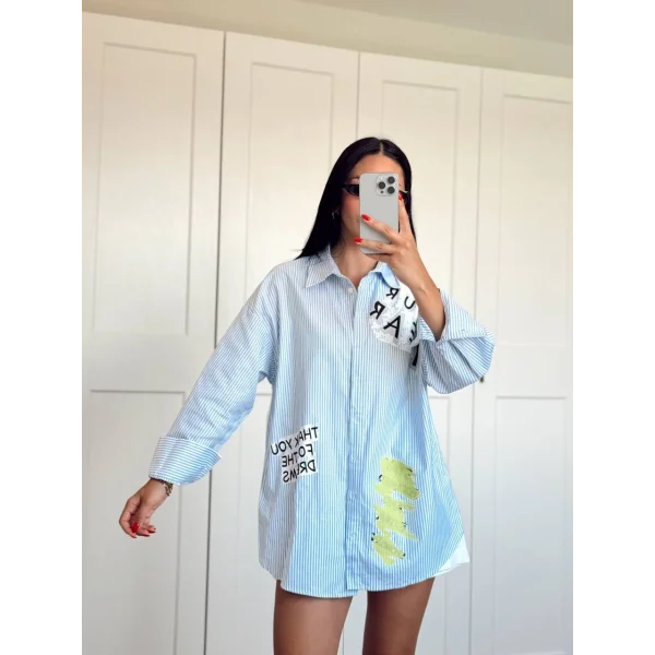Çizgi Detaylı Baskılı Oversize Gömlek Mavi