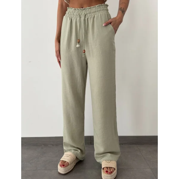 BELİ LASTİKLİ KETEN PANTOLON YEŞİL