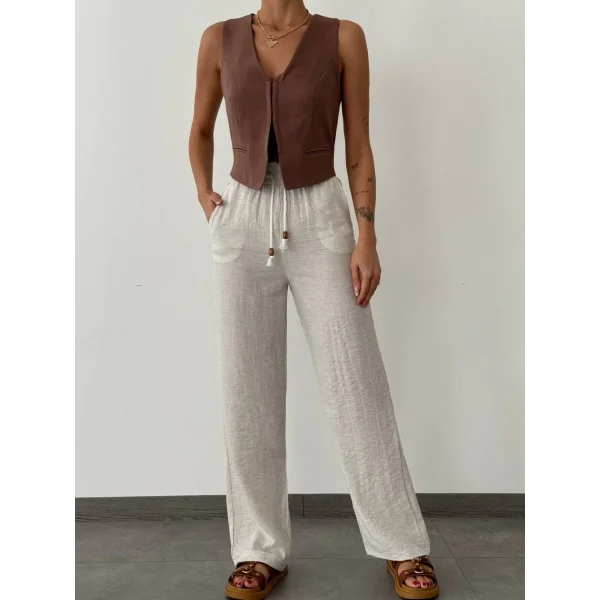 BELİ LASTİKLİ KETEN PANTOLON EKRU_