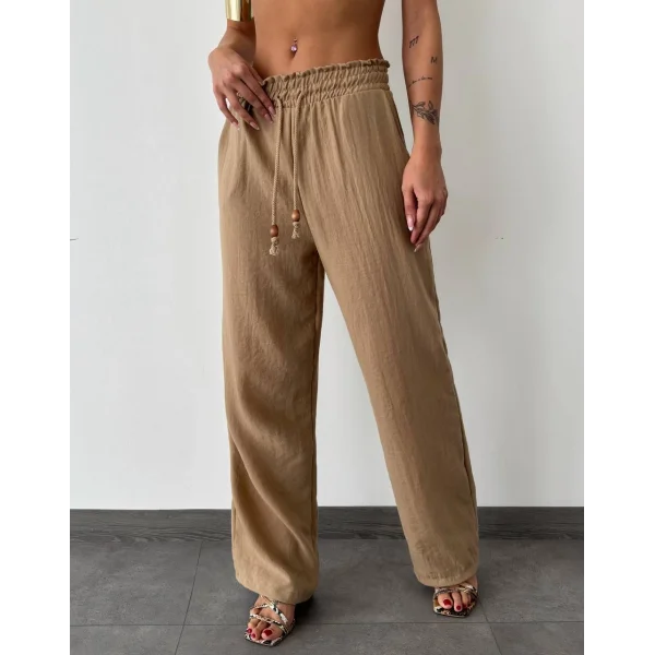 BELİ LASTİKLİ KETEN PANTOLON KAHVE