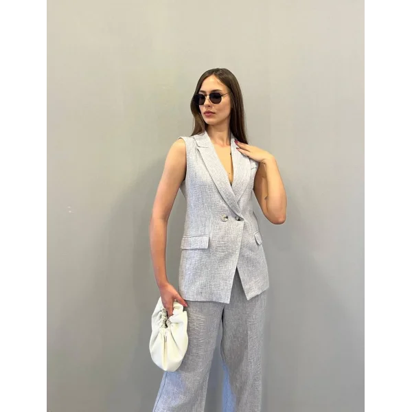 KRUVAZE YAKA KETEN YELEK PANTOLON TAKIM GRİ