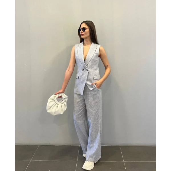 KRUVAZE YAKA KETEN YELEK PANTOLON TAKIM GRİ