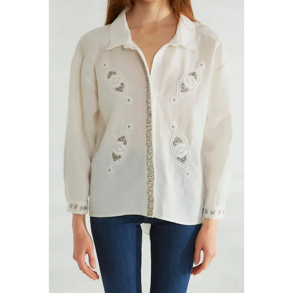 ROBİN İŞLEMELİ KETEN GÖMLEK EKRU