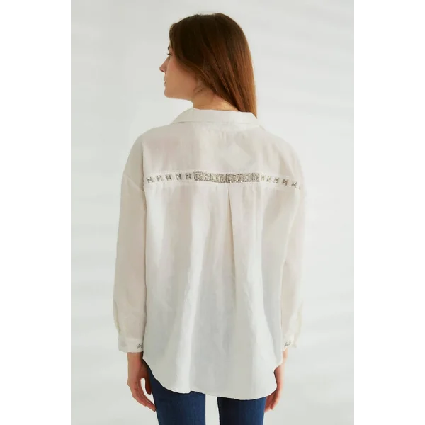 ROBİN İŞLEMELİ KETEN GÖMLEK EKRU