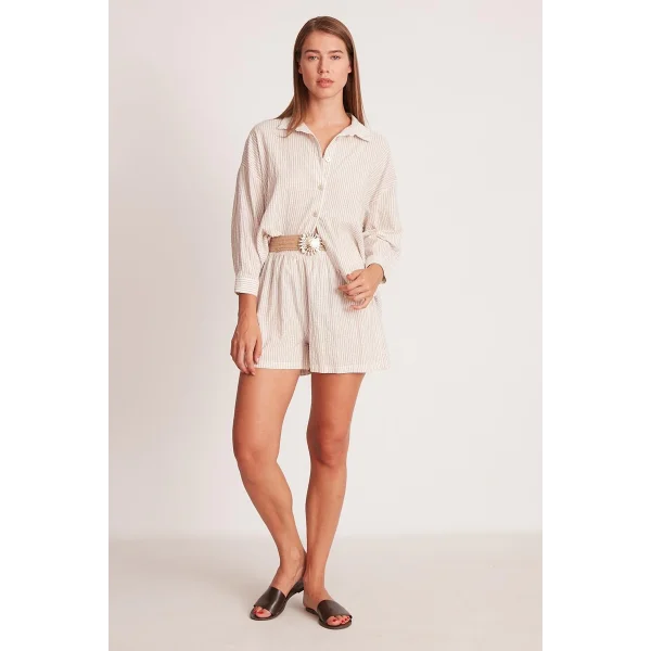 PREMİUM SERİ ÇİZGİLİ KEMERLİ ŞORT TAKIM-KAHVE