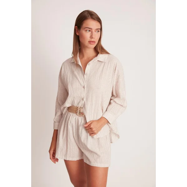 PREMİUM SERİ ÇİZGİLİ KEMERLİ ŞORT TAKIM-KAHVE